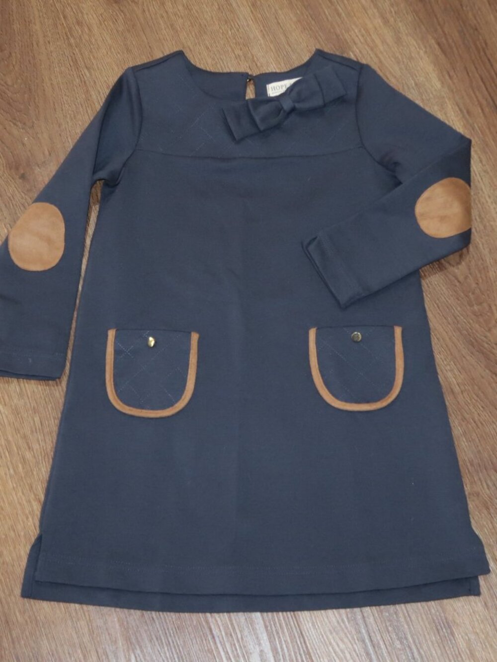 Hope & Henry Girls Quilted Ponte Riding Dress Navy Blue Brown Trim Patches sz 4